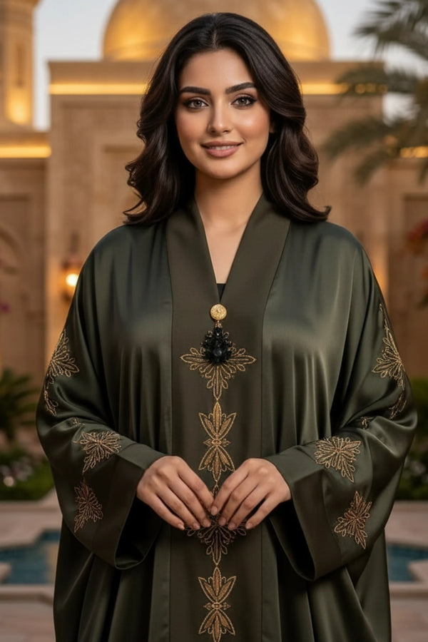 Zaitoon Silk Embroidered Front-Open Abaya