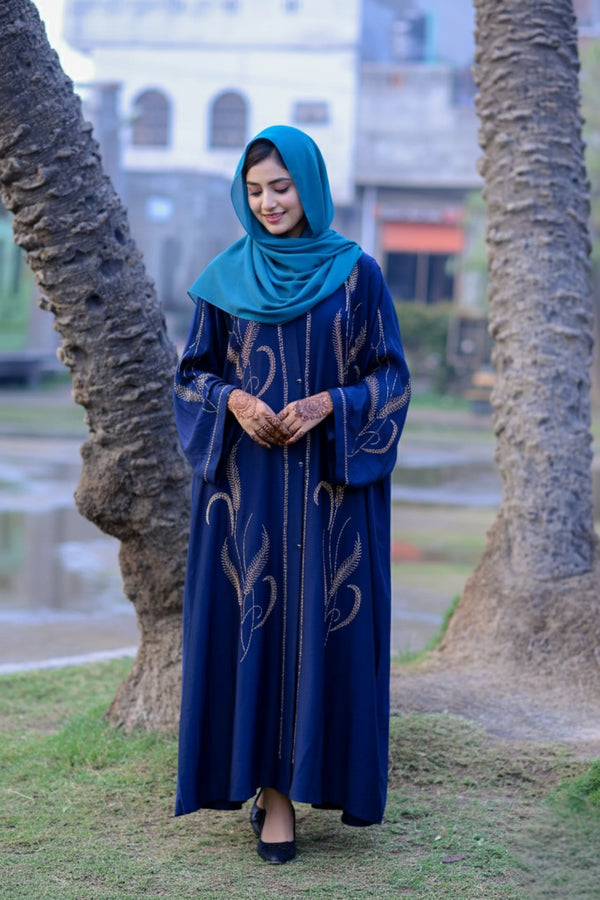 Kayan Navy Blue Embroidered Flared Abaya