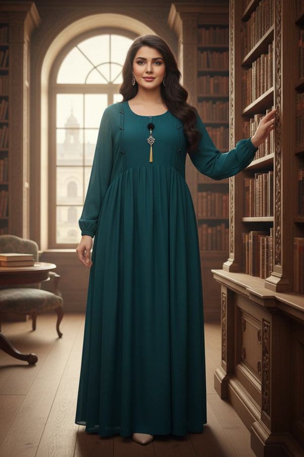Afra Teal Green Pin-Tuck Maxi Abaya