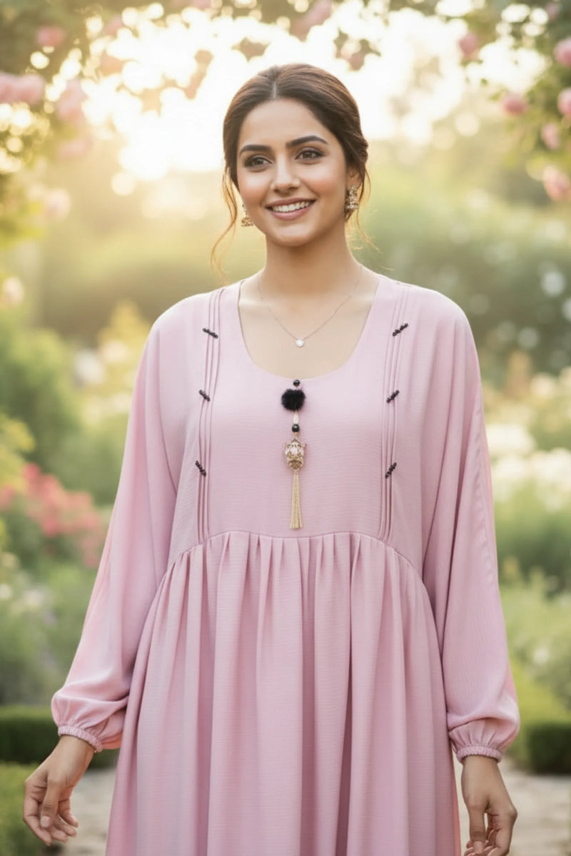 Haniya Blush Pink Pin-Tuck Maxi Abaya